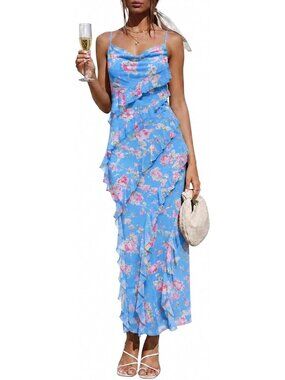 Women's Blue Pink Spaghetti Strap Formal Bodycon Wedding Guest Maxi Dresses
